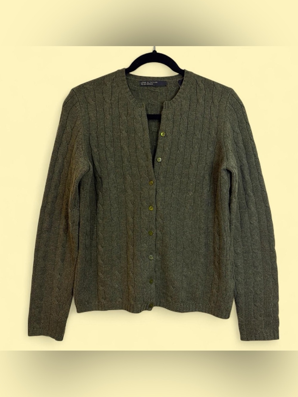 Lord & Taylor Olive Cable Knit cashmere Cardigan Sweater